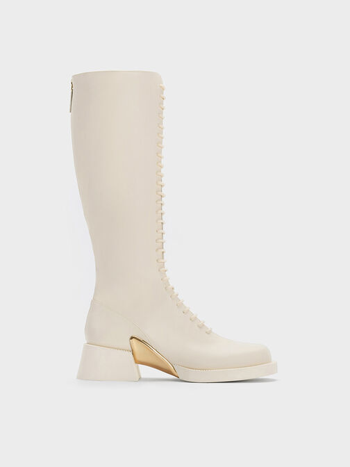 Devon Metallic-Accent Lace-Up Knee-High Boots, Chalk, hi-res