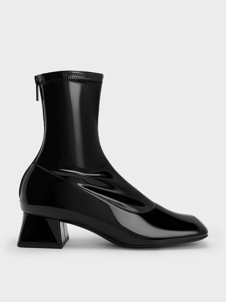 Patent Trapeze Block Heel Ankle Boots, Black Patent, hi-res