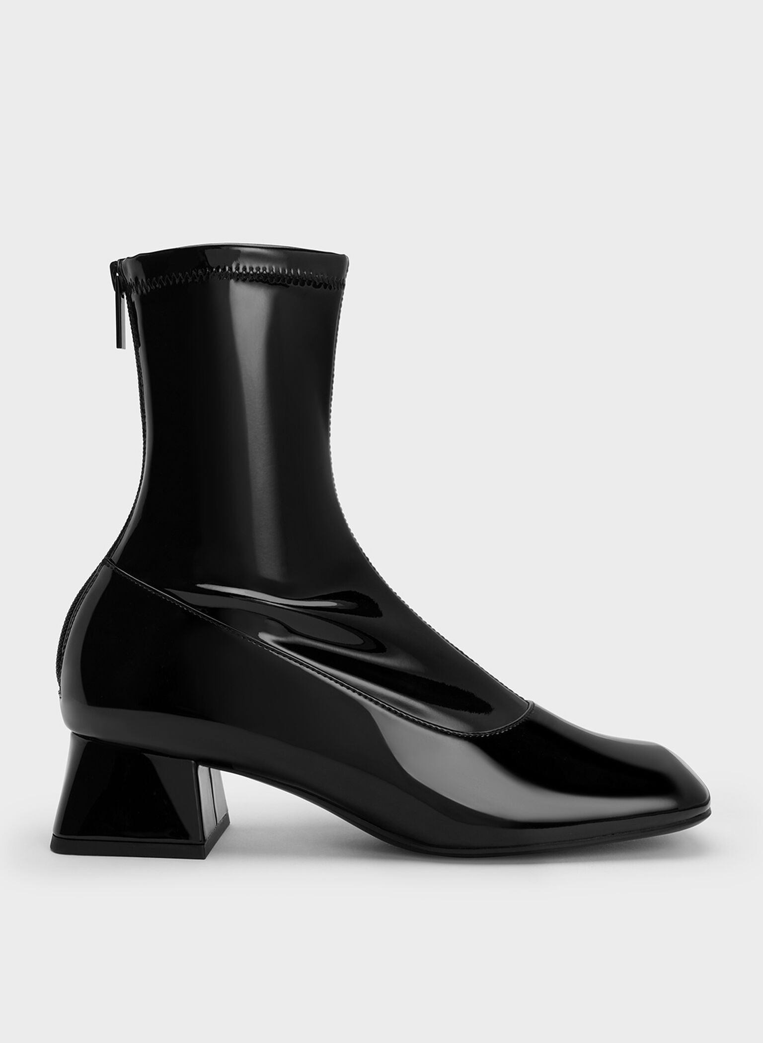 Patent Trapeze Block Heel Ankle Boots, Black Patent, hi-res