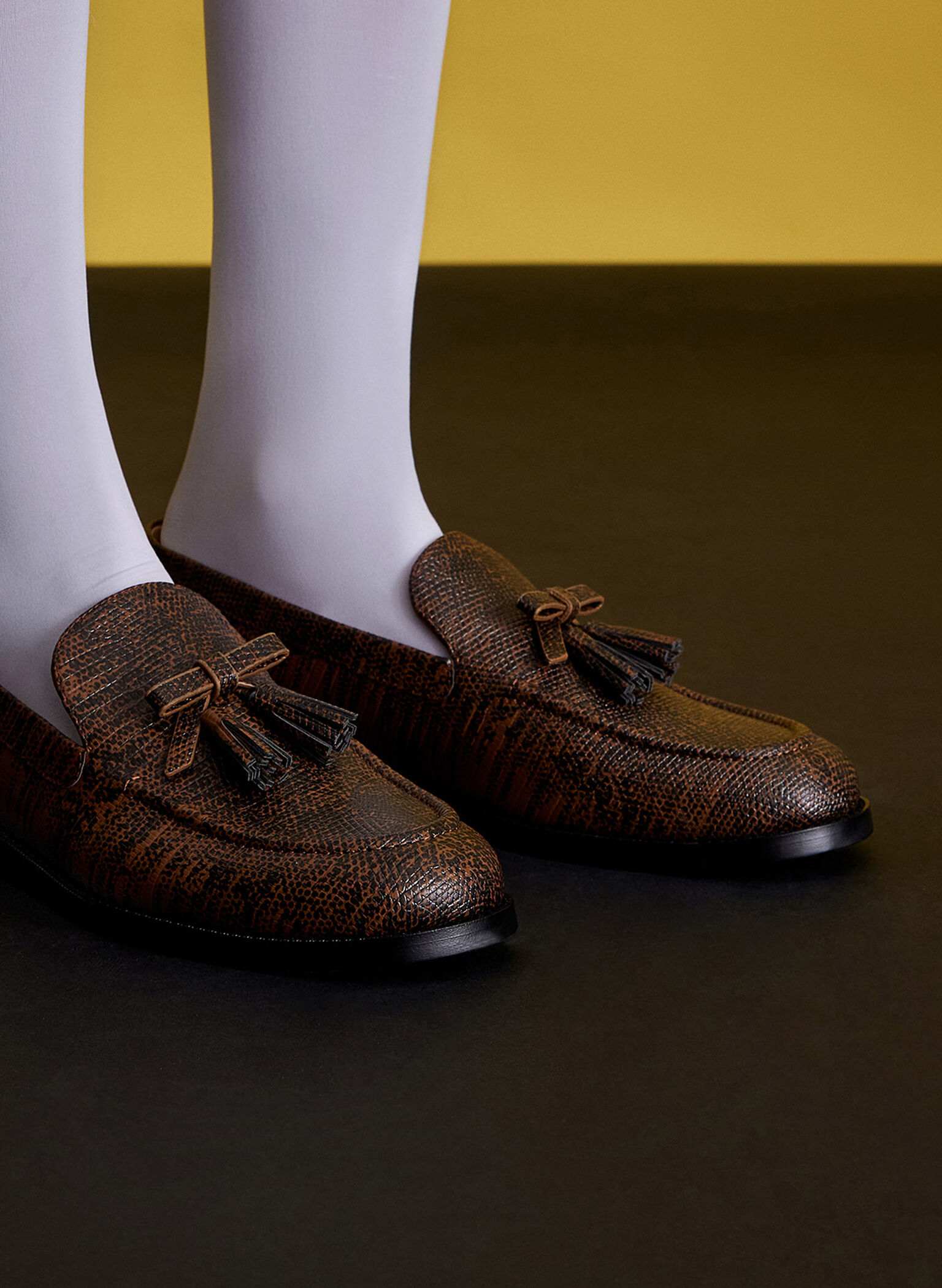 Bow Tassel Loafers, Animal Print Brown, hi-res