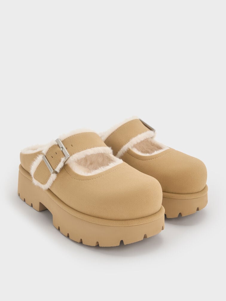 Bergen Textured Fur-Trim Buckled Platform Mules, Sand, hi-res