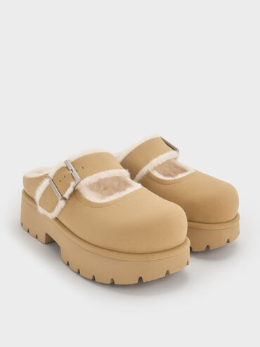 Bergen Textured Fur-Trim Buckled Platform Mules, Sand, hi-res