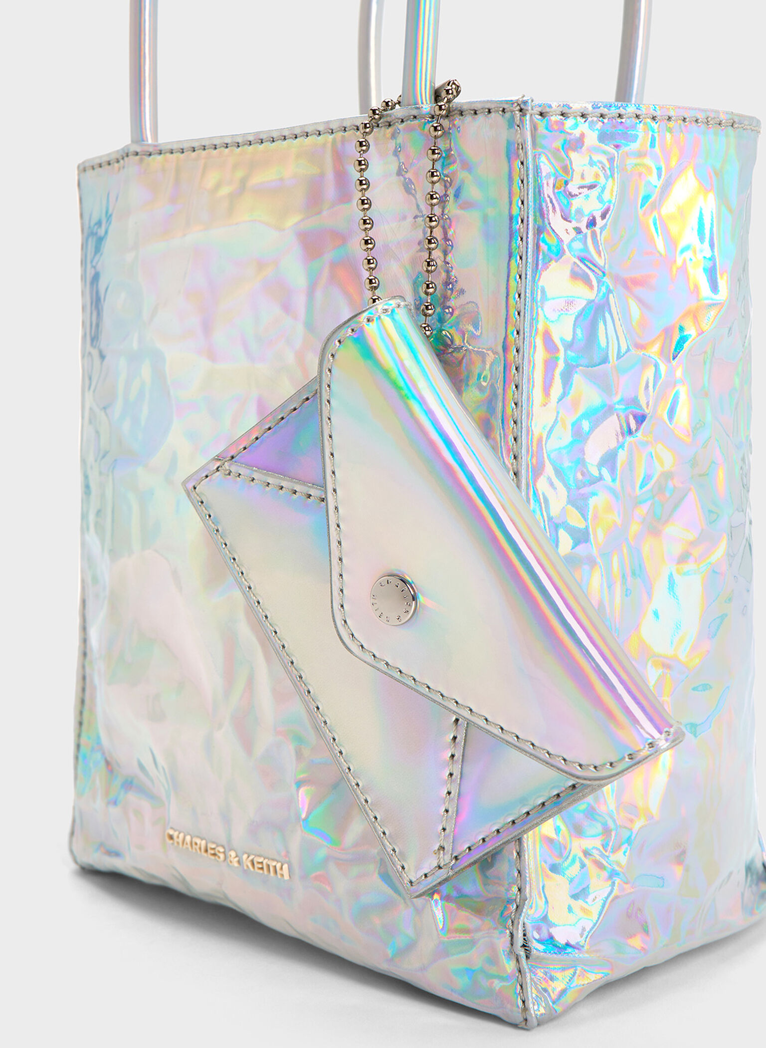 Matina Holographic Crinkle-Effect ?Elongated Tote Bag, Prism Silver, hi-res