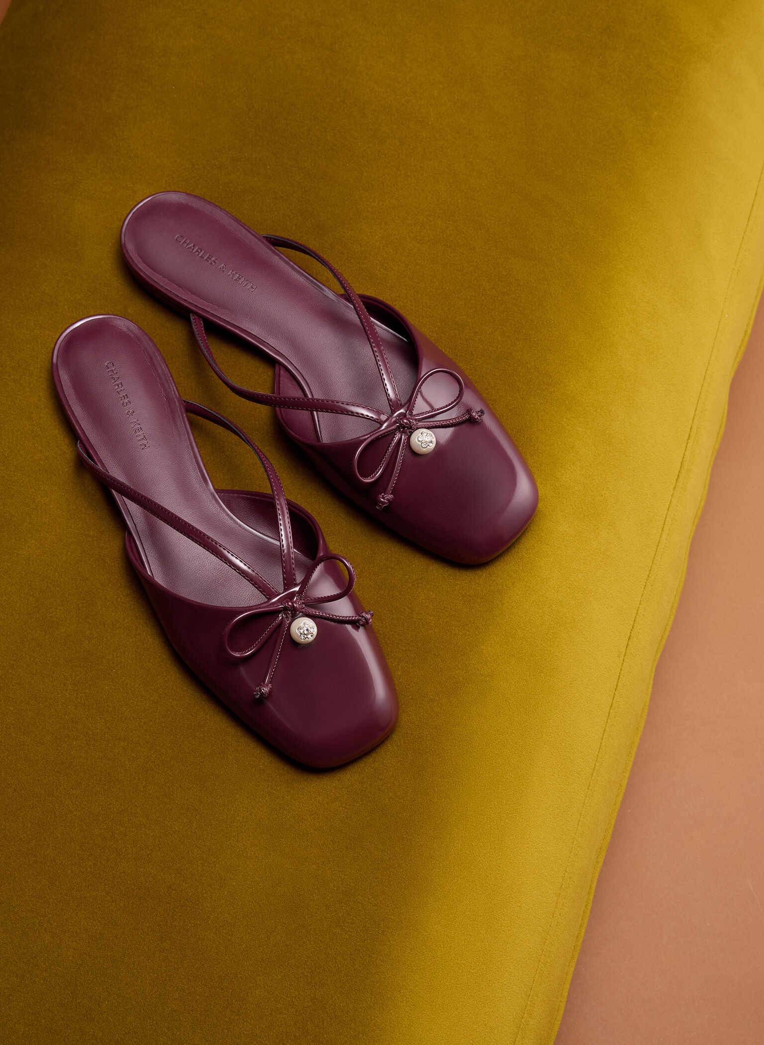 Pearl-Accent Bow Flat Mules, Burgundy, hi-res