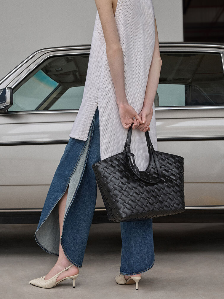 Woven Pointed-Toe Slingback Pumps, Chalk, hi-res