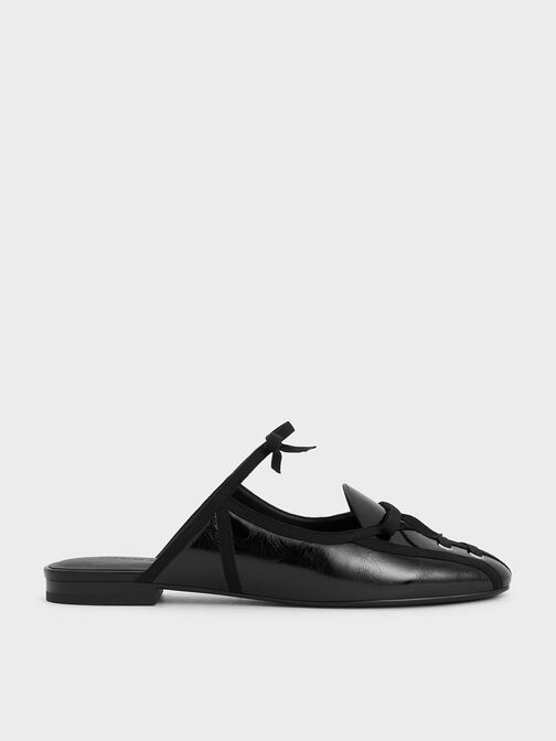 Crinkle-Effect Lace-Up Bow Ballet Mules, Black, hi-res