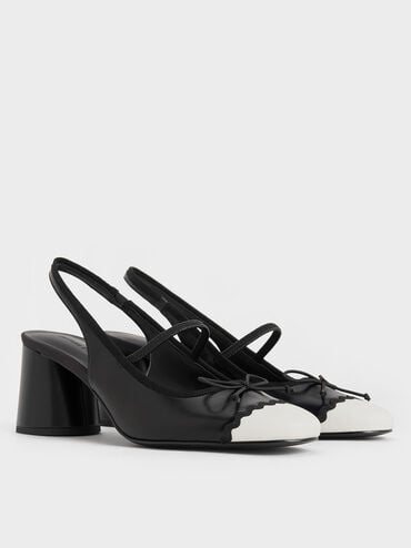 Two-Tone Bow Slingback Pumps, Black, hi-res