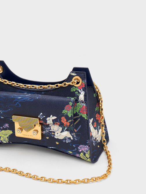 Rabbit Illustrated Chain Handle Bag, Navy, hi-res