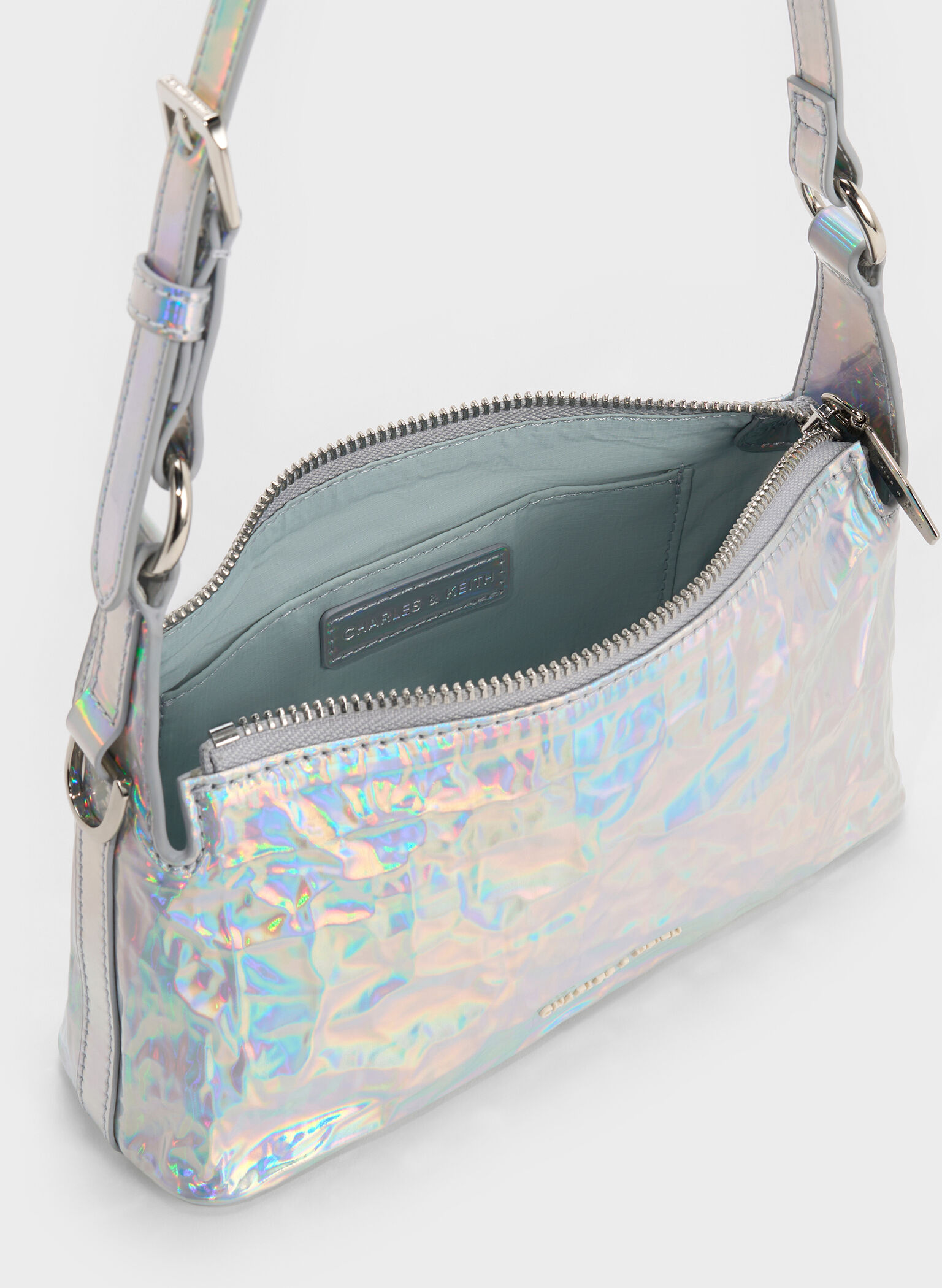 Lark Holographic Crinkle-Effect Shoulder Bag, Prism Silver, hi-res