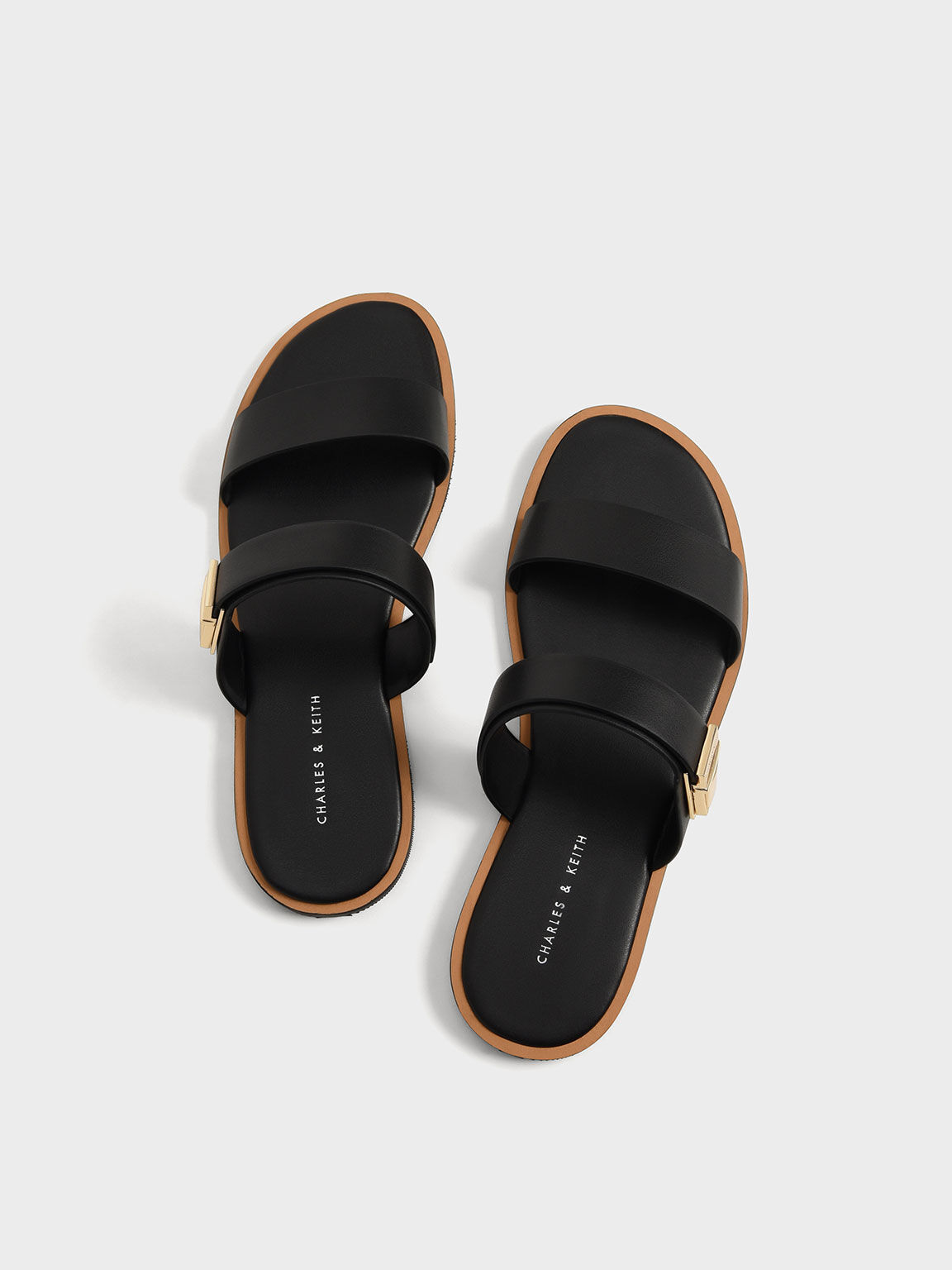 Metallic Buckle Slide Sandals, Black, hi-res