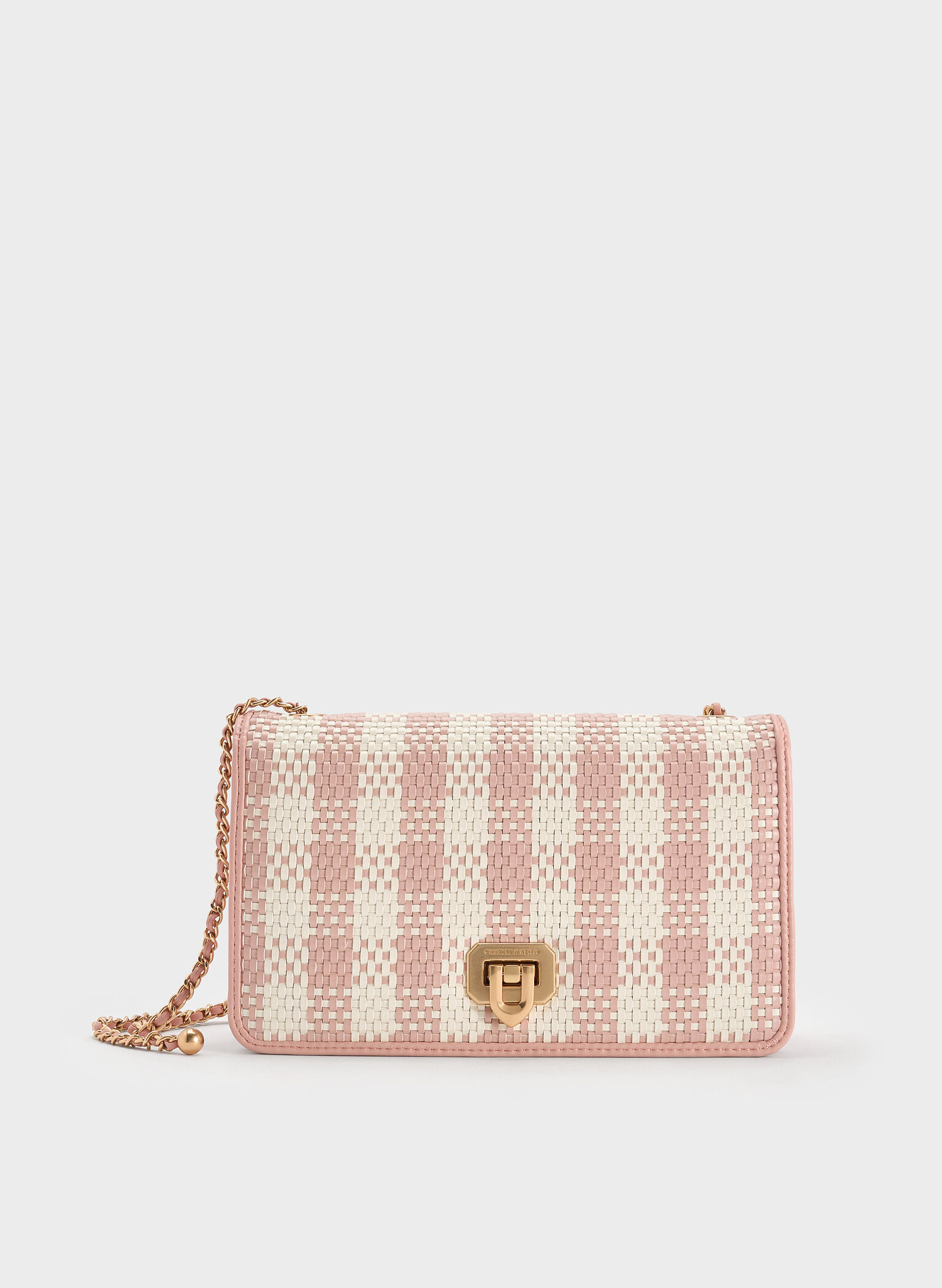 Alessia Checkered Pearl-Embellished Wallet on Chain, Light Pink, hi-res