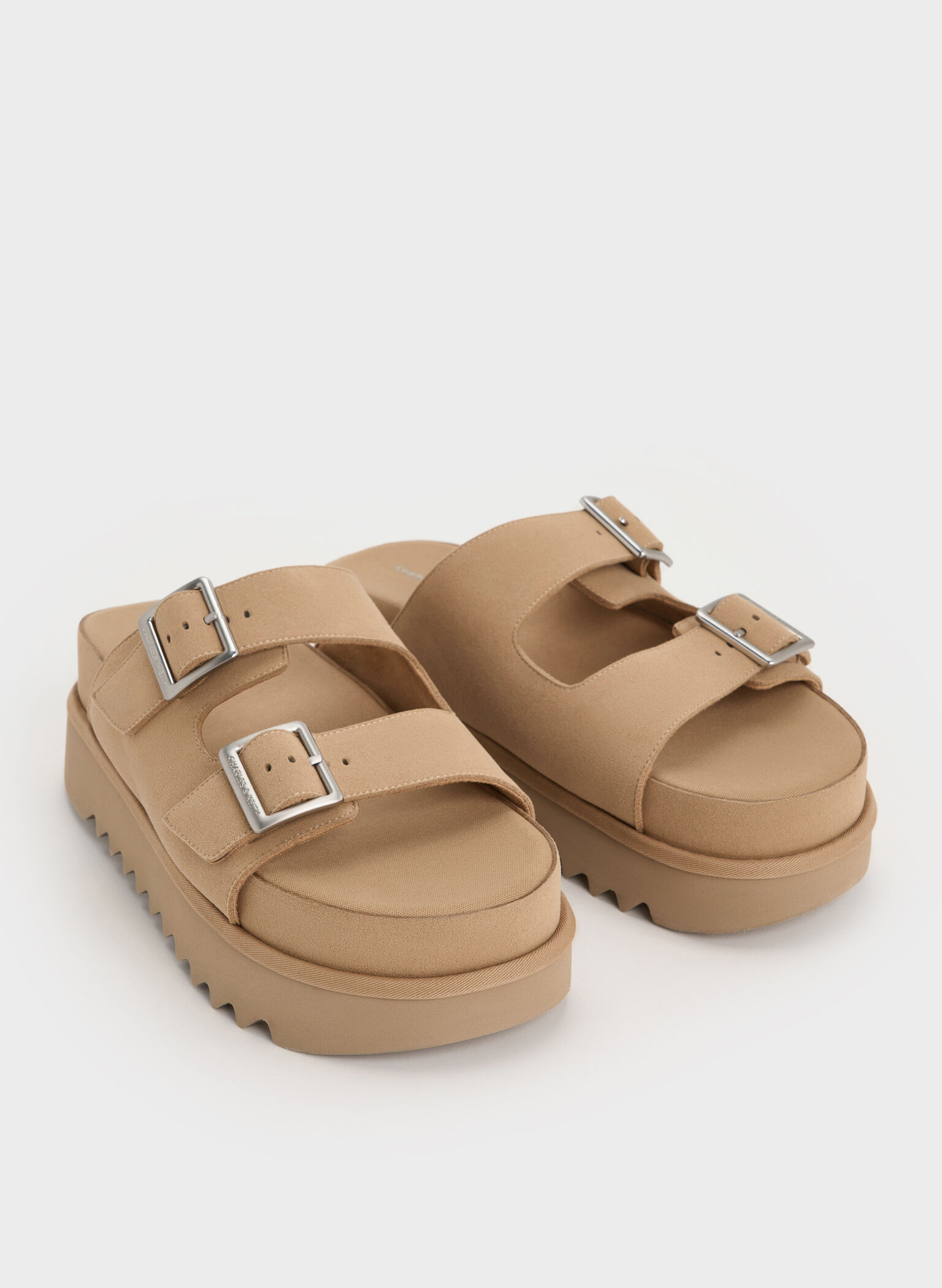 Buckled Double-Strap Flatform Sandals, Beige, hi-res