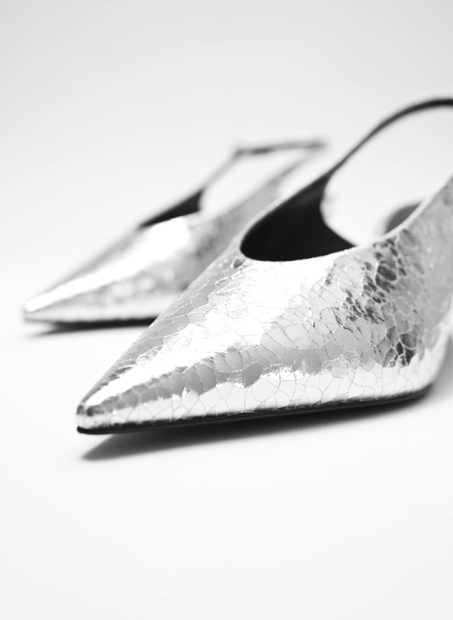 Metallic Crinkle-Effect Pointed-Toe High-Vamp Slingback Pumps, Silver, hi-res