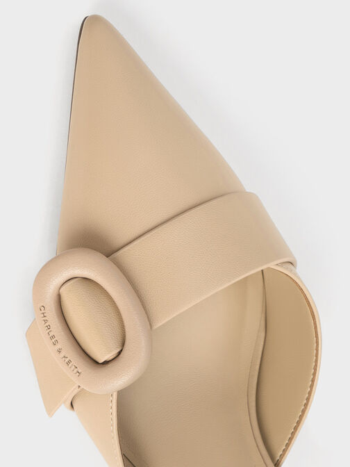 Oval-Buckle Pointed-Toe Mules, Beige, hi-res