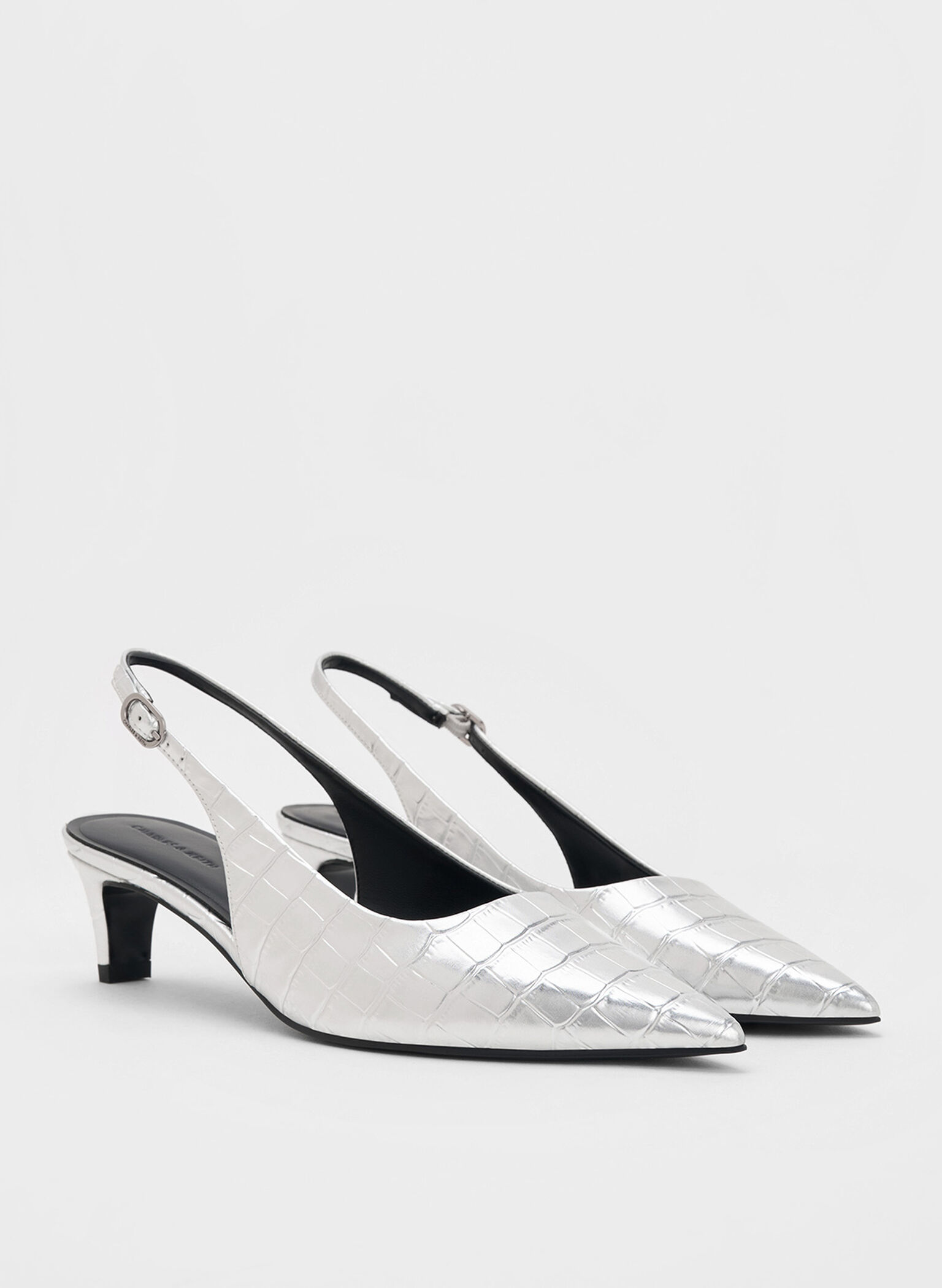 Croc-Effect Pointed-Toe Kitten-Heel Slingback Pumps, Animal Print Silver, hi-res