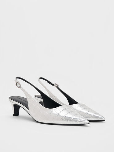 Croc-Effect Pointed-Toe Kitten-Heel Slingback Pumps, Animal Print Silver, hi-res