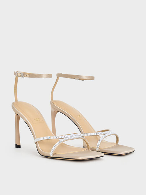 Recycled Polyester Crystal-Embellished Ankle-Strap Sandals, Champagne, hi-res