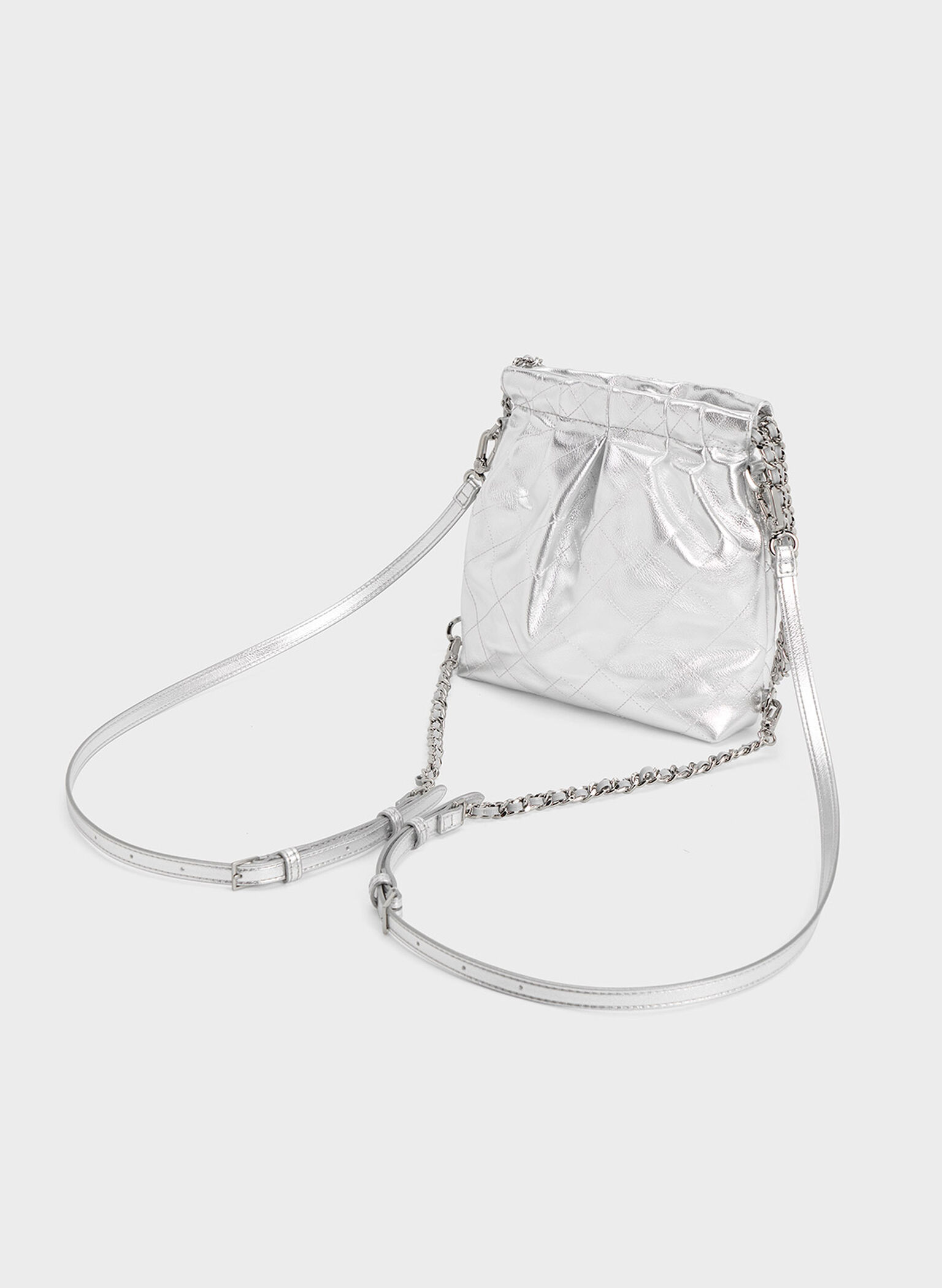 Duo Metallic Chain-Handle Two-Way Backpack, Silver, hi-res