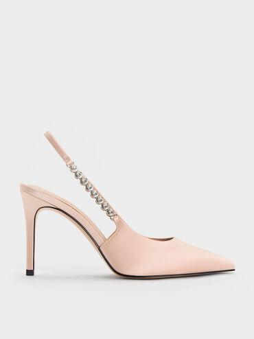 Flores Recycled Polyester Gem-Strap Slingback Pumps, Beige, hi-res