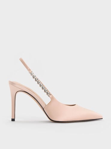 Flores Recycled Polyester Gem-Strap Slingback Pumps, Beige, hi-res