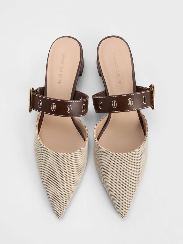 Sepphe Twill Metallic Buckle Pointed-Toe Heeled Mules, Brown, hi-res