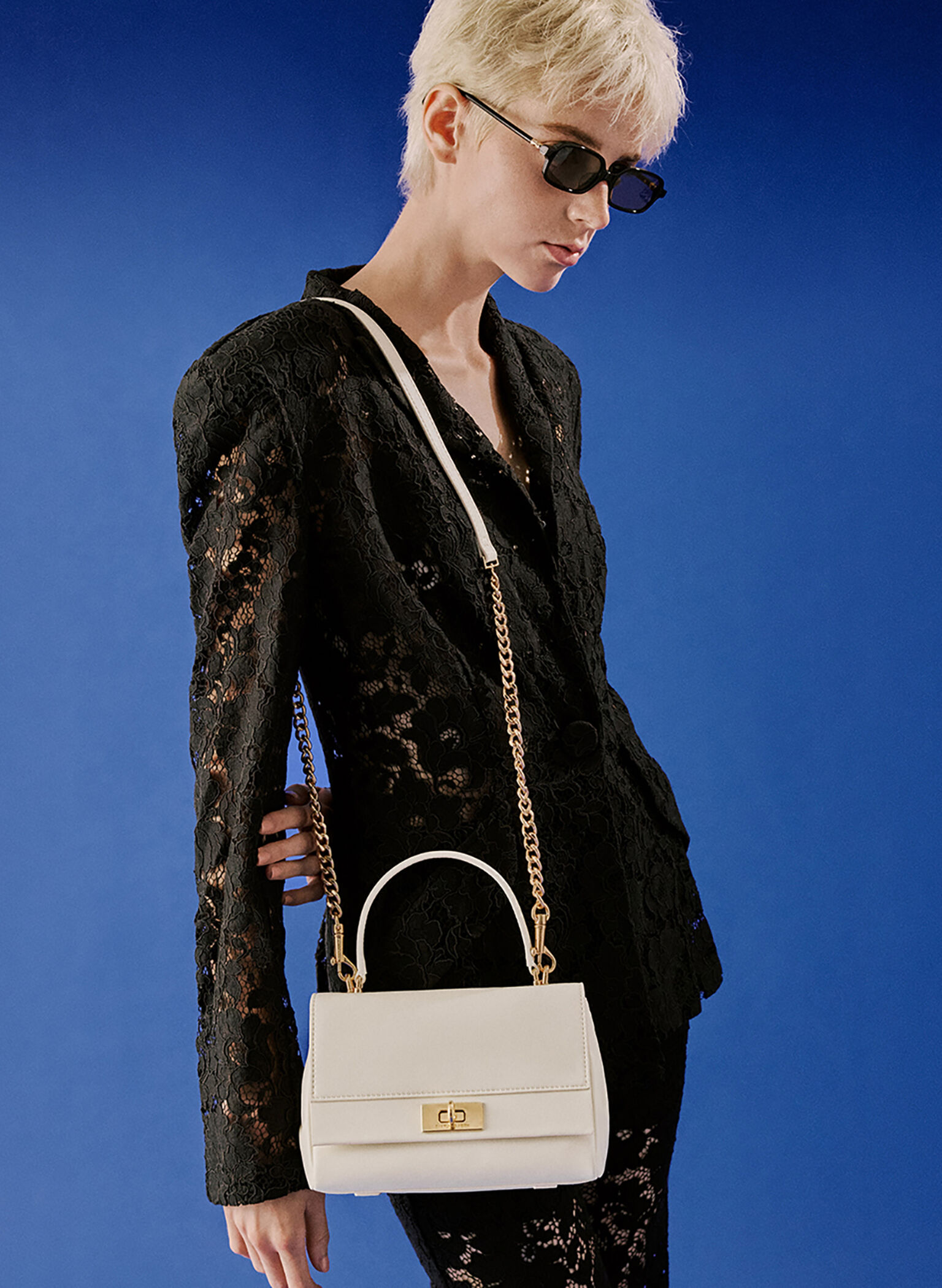 Lennie Chain-Strap Top Handle Bag, Cream, hi-res