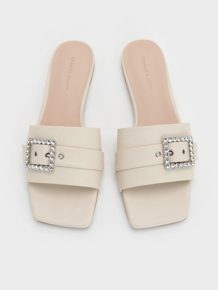 Gem-Buckle Square-Toe Slide Sandals, Chalk, hi-res
