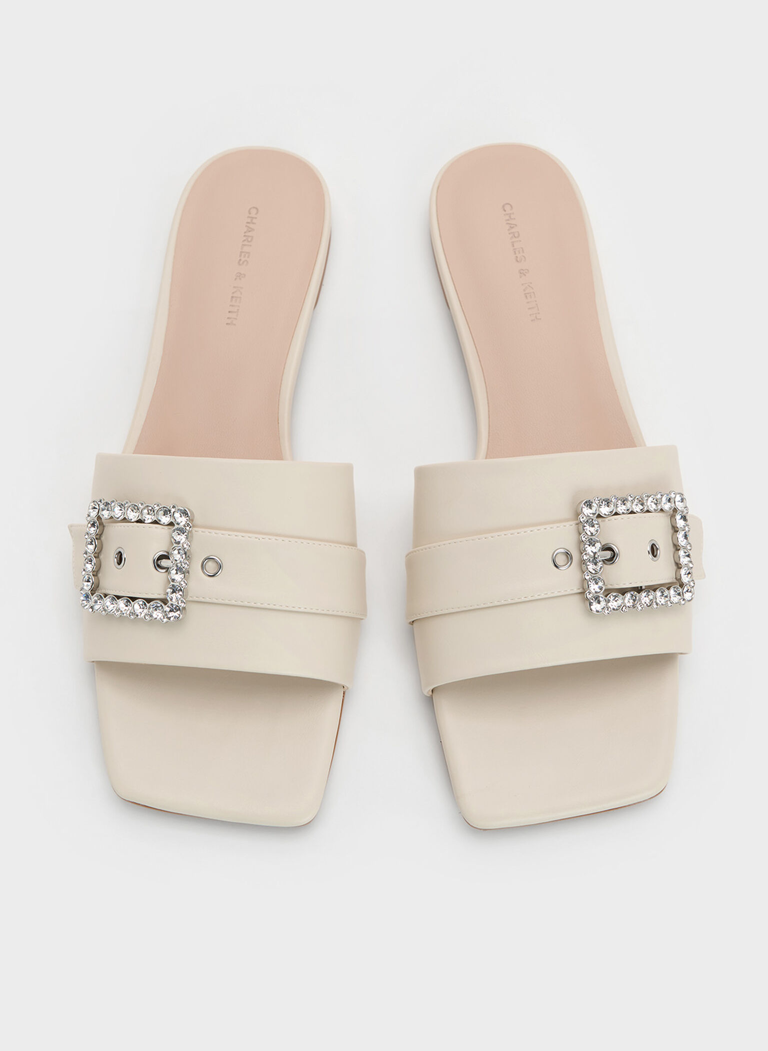 Gem-Buckle Square-Toe Slide Sandals, Chalk, hi-res