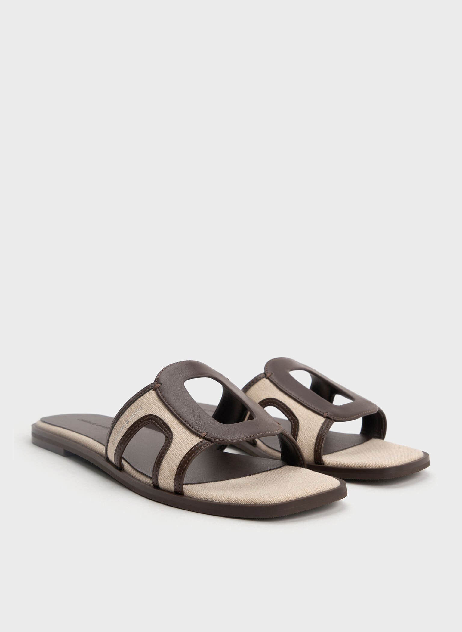 Easley Linen Cut-Out Slide Sandals, Dark Brown, hi-res