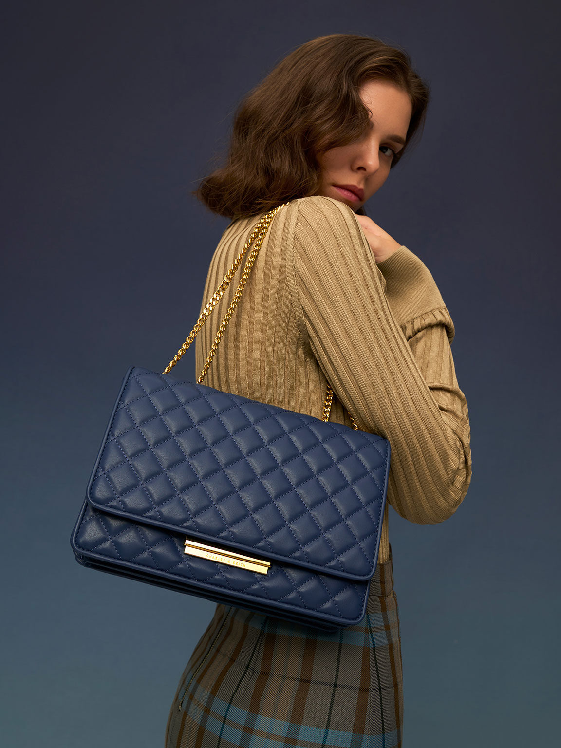 Navy Double Chain Handle Quilted Bag CHARLES KEITH UK