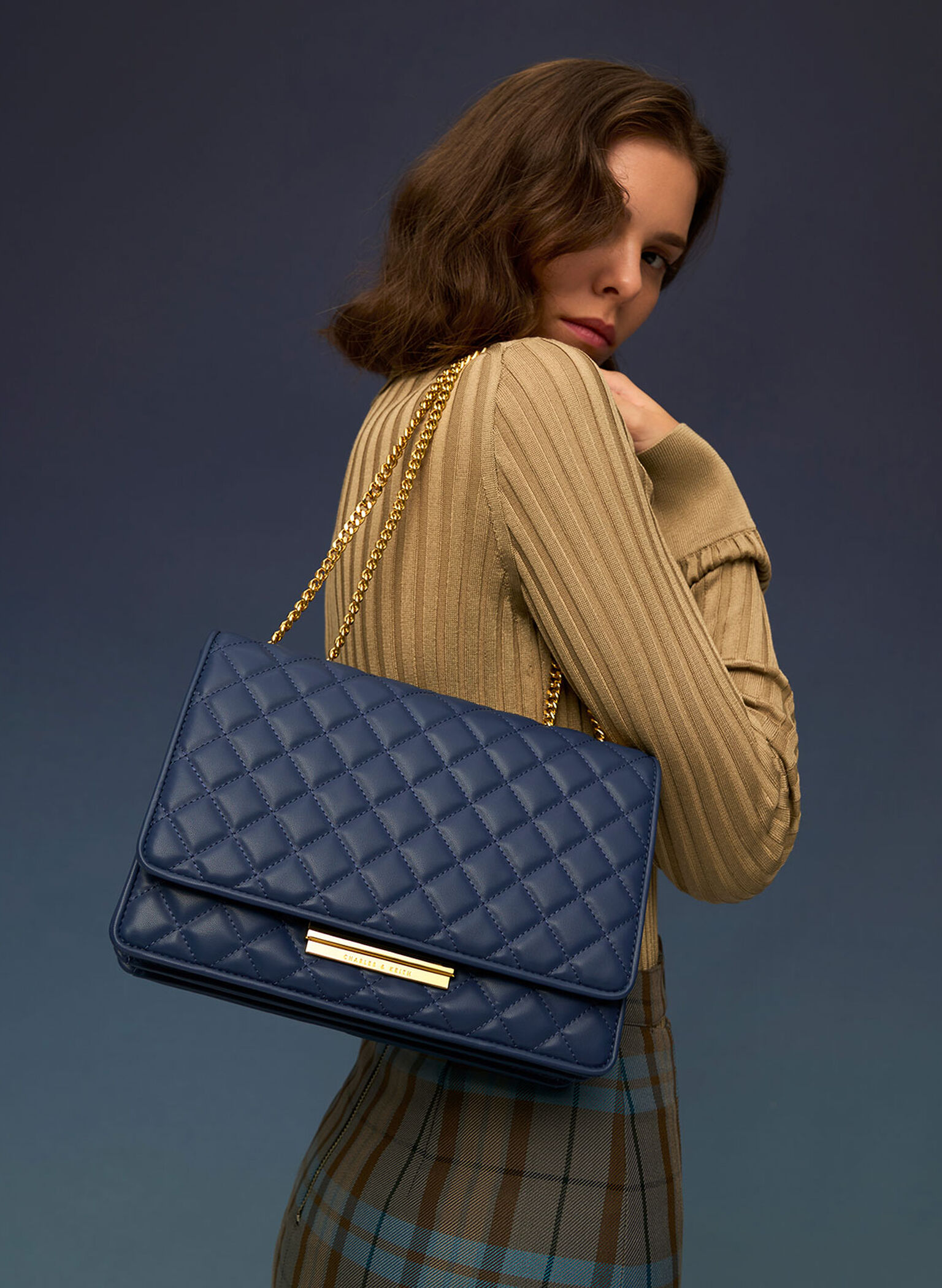 Double Chain Handle Quilted Bag, Navy, hi-res