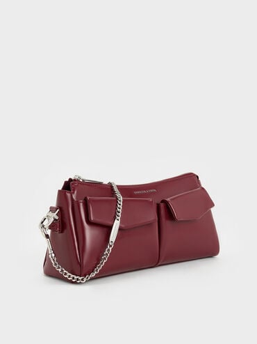 Rachel Elongated Front-Pocket Chain-Handle Bag, Burgundy, hi-res