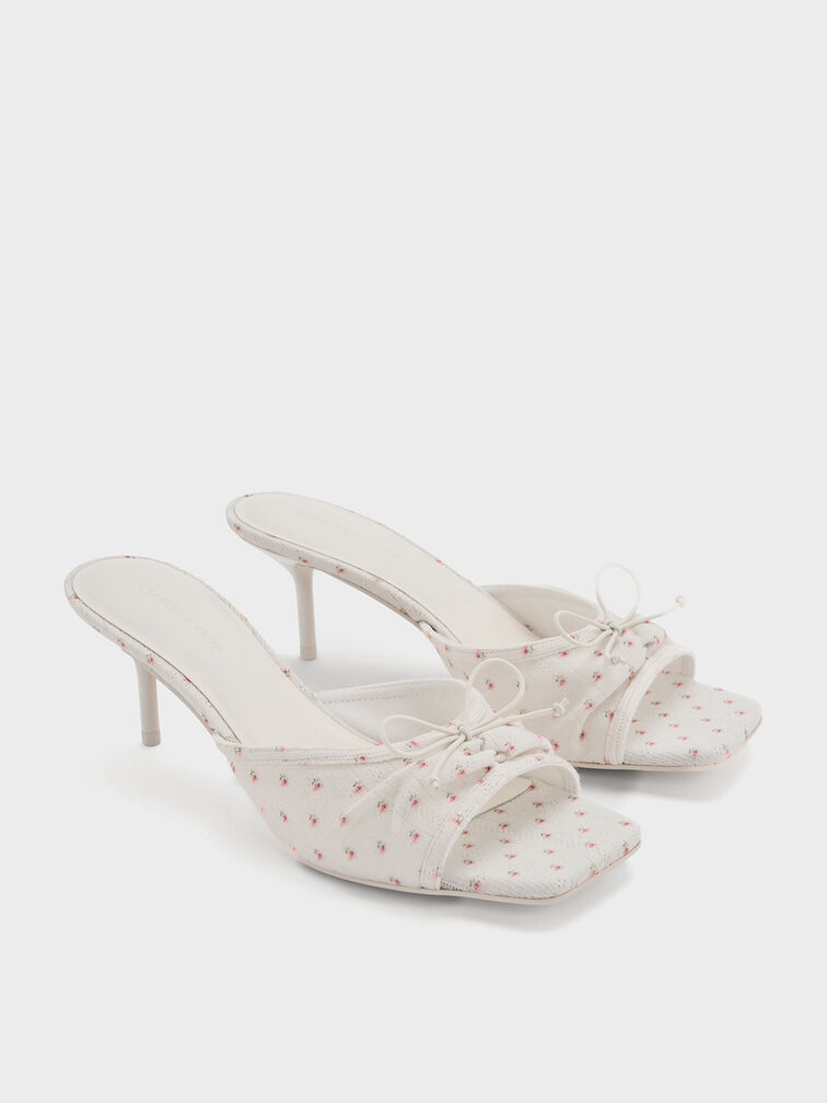 Floral-Print Ruched Bow Heeled Mules, Multi, hi-res