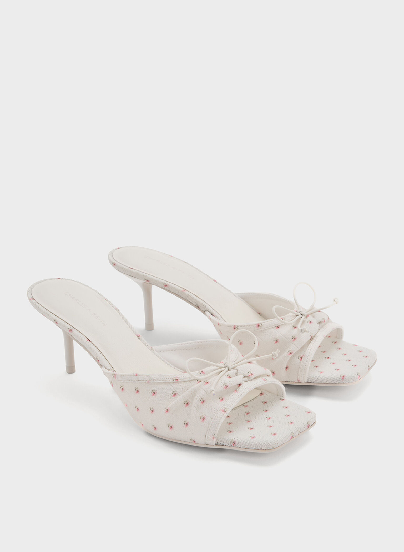 Floral-Print Ruched Bow Heeled Mules, Multi, hi-res
