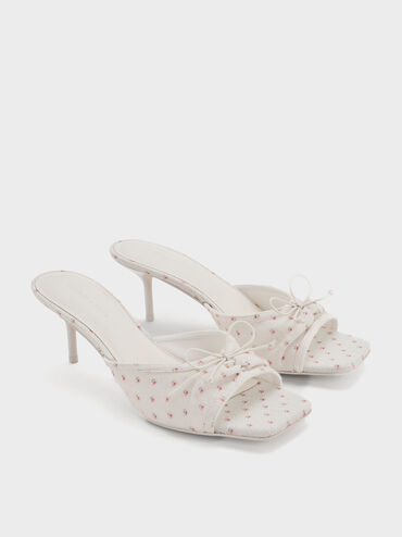 Floral-Print Ruched Bow Heeled Mules, Multi, hi-res