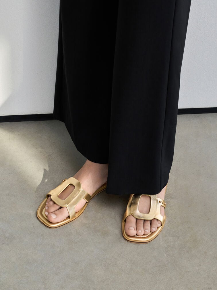 Easley Metallic Cut-Out Slide Sandals, Gold, hi-res