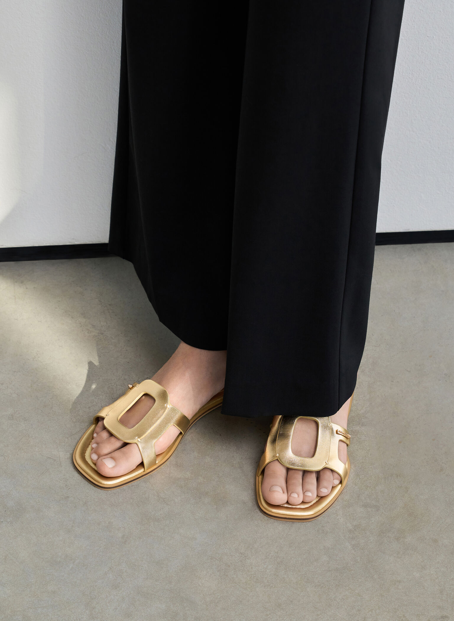 Easley Metallic Cut-Out Slide Sandals, Gold, hi-res