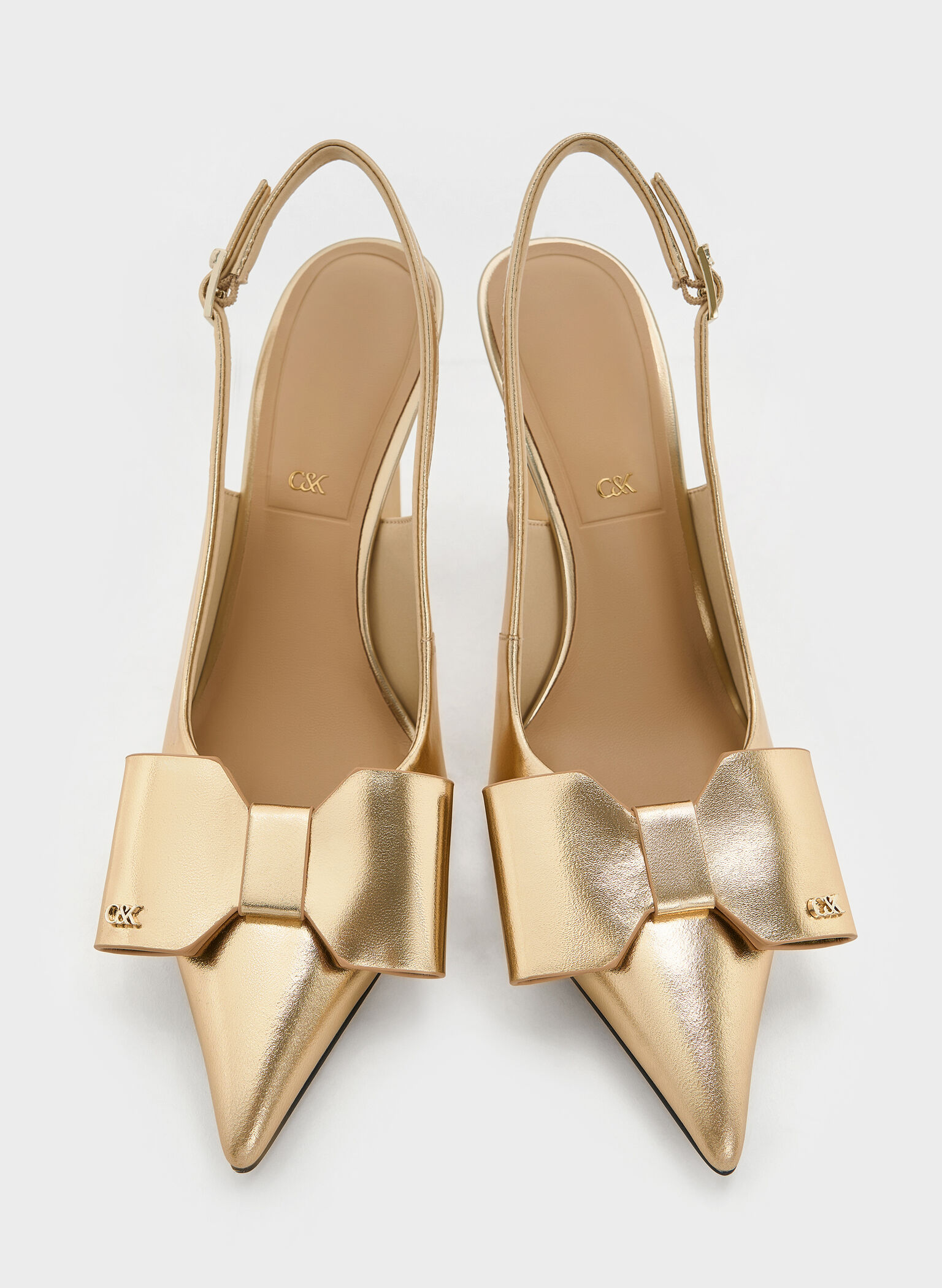 Lu Metallic Leather Bow Blade-Heel Slingback Pumps, Gold, hi-res