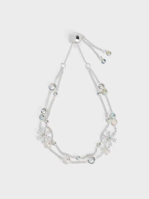 Snowflake-Motif Pearl & Crystal Double Bracelet, Silver, hi-res