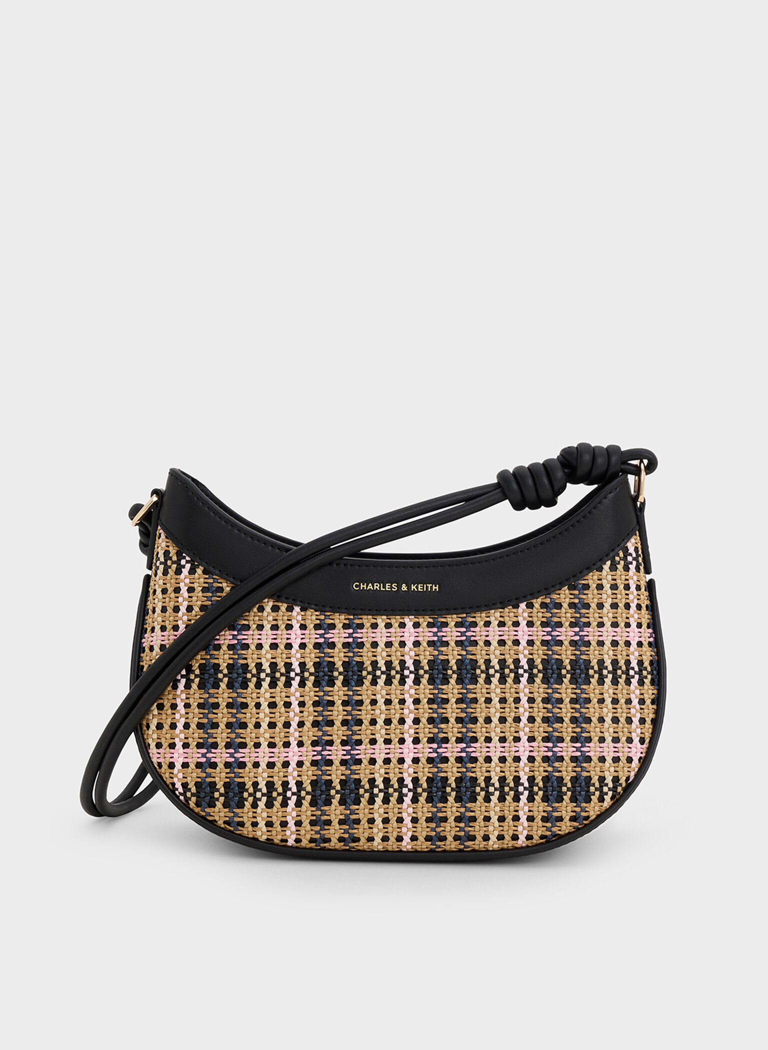 Sabine Tartan Knotted-Strap Curved Shoulder Bag, Tartan Straw, hi-res