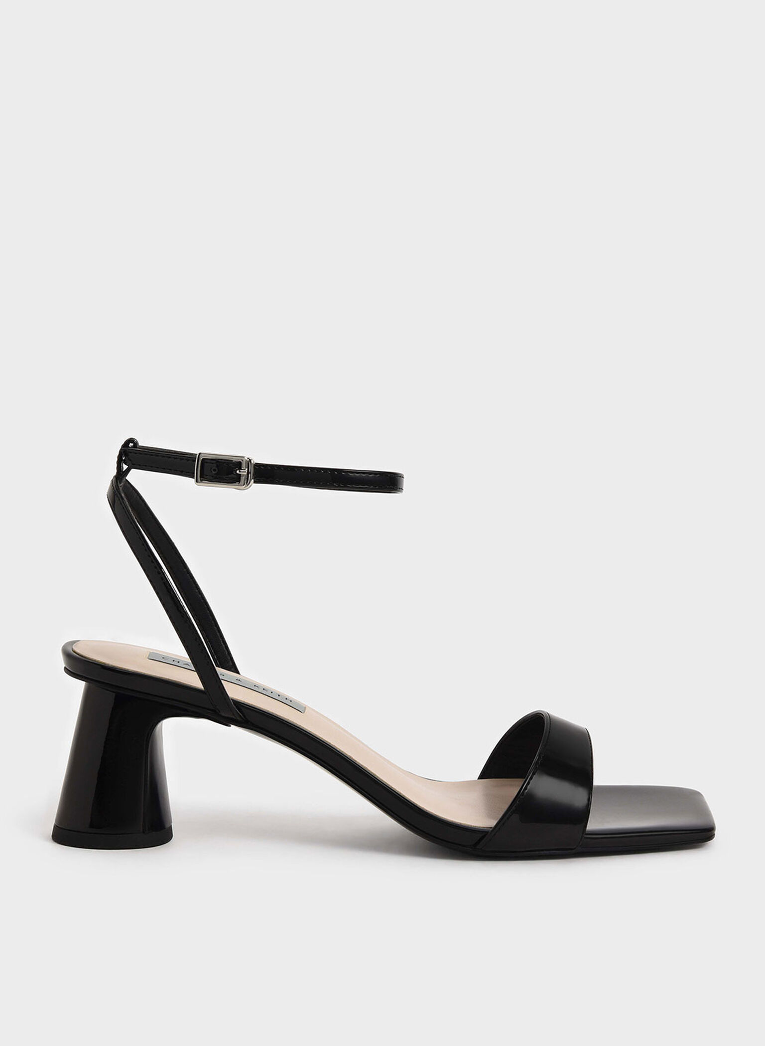 Patent Ankle-Strap Cylindrical Heel Sandals, Black, hi-res