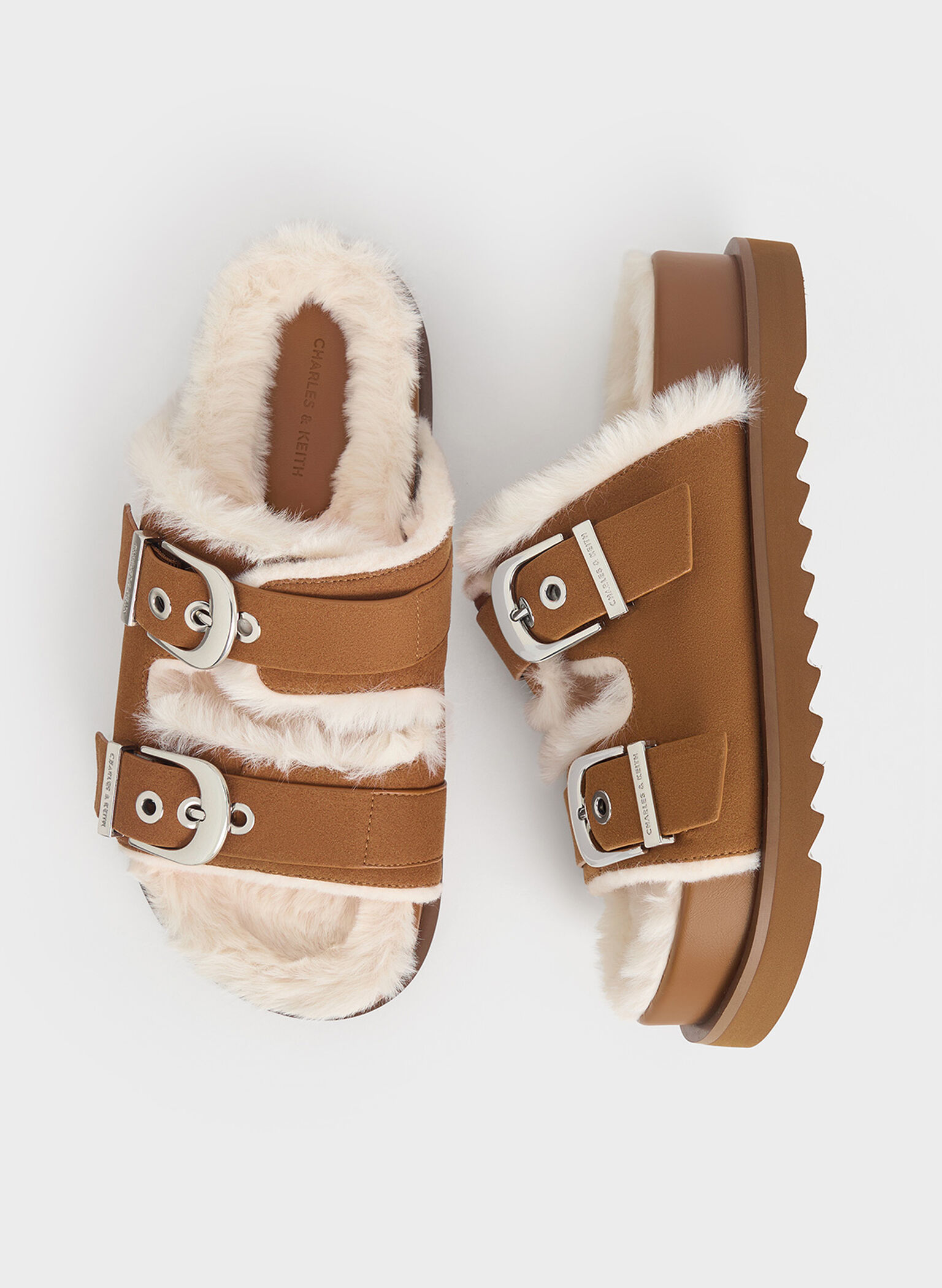 Hannah Furry Buckled Double-Strap Sandals, Brown, hi-res