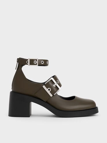 Grommet-Strap Mary Jane Pumps, Olive, hi-res