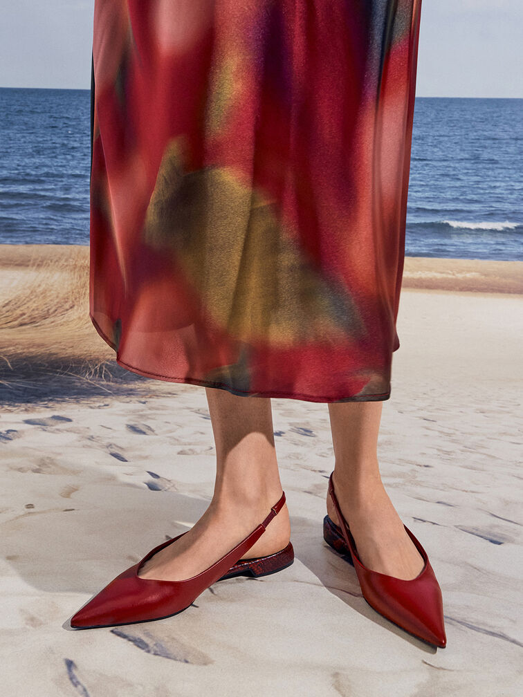 Pointed-Toe High-Vamp Slingback Flats, Red, hi-res