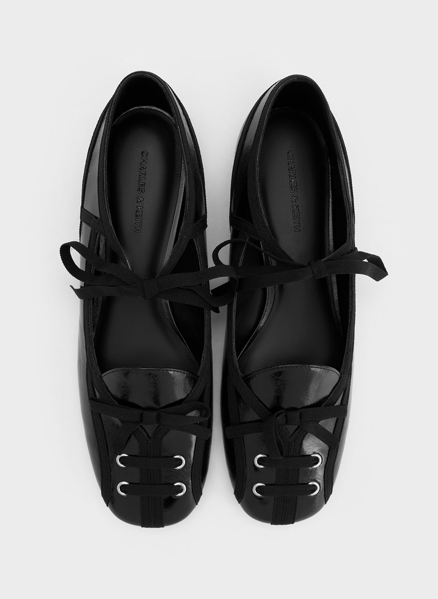 Crinkle-Effect Lace-Up Bow Ballet Flats, Black, hi-res