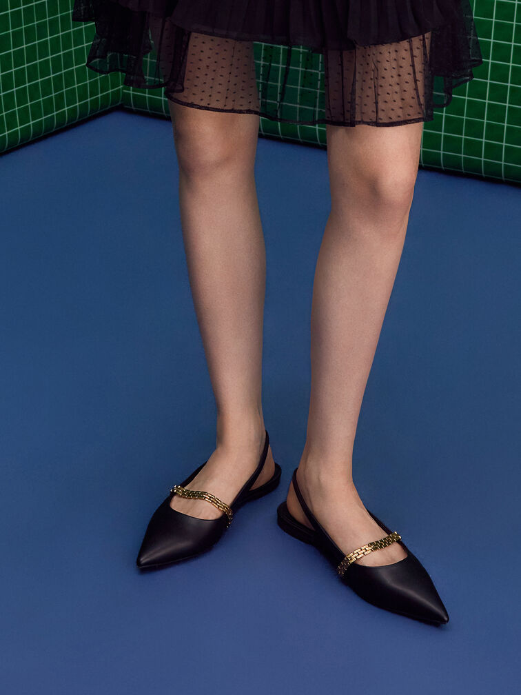 Chain-Strap Pointed-Toe Slingback Flats, Black, hi-res