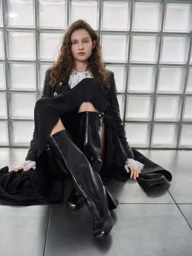 Robbie Side-Buckle Block-Heel Knee-High Boots, Black, hi-res