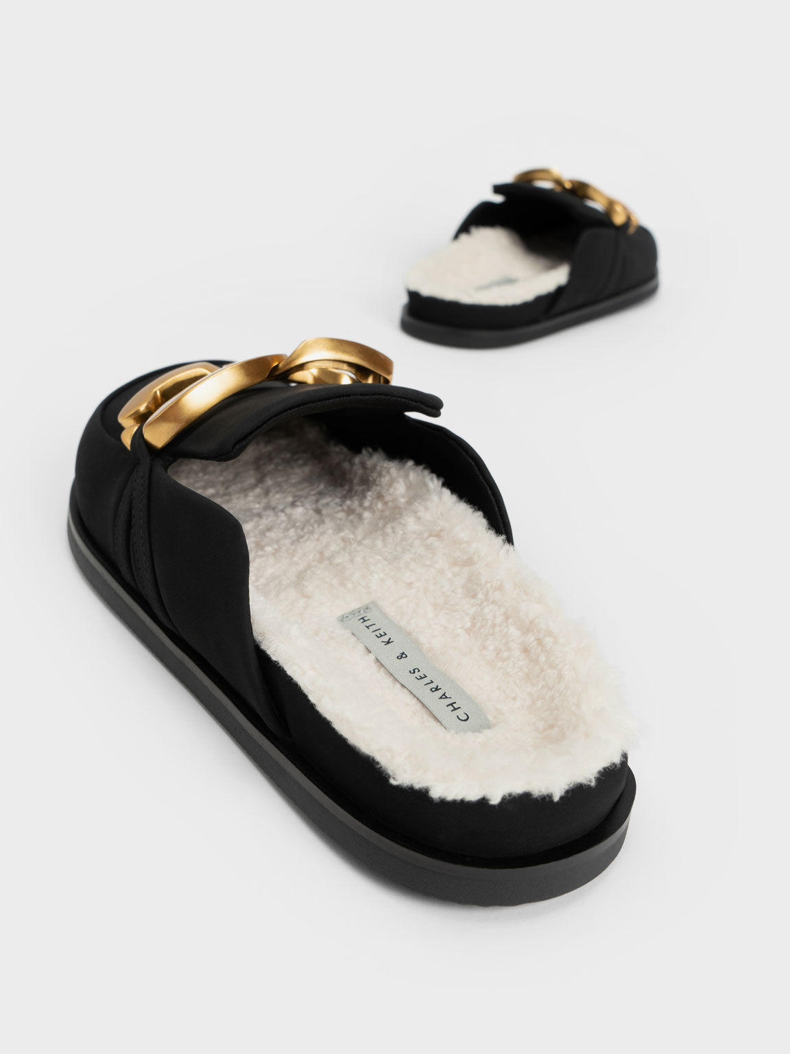 Metallic Accent Furry Loafer Mules Black