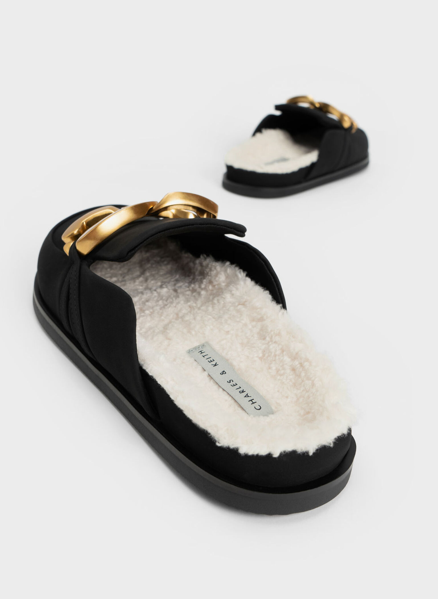 Metallic Accent Furry Loafer Mules, Black, hi-res
