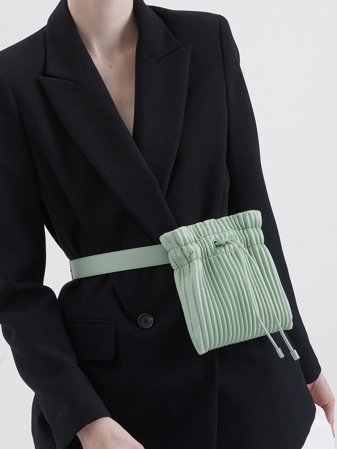 Textured Drawstring Belt Bag, Mint Green, hi-res